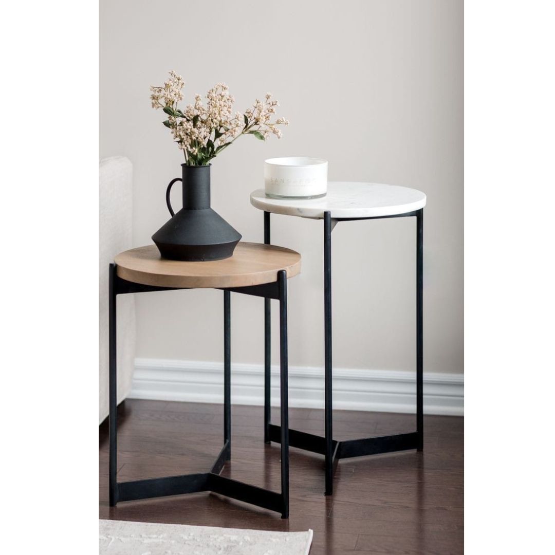 Set of metal side tables with wood + marble surface – luxury modern design