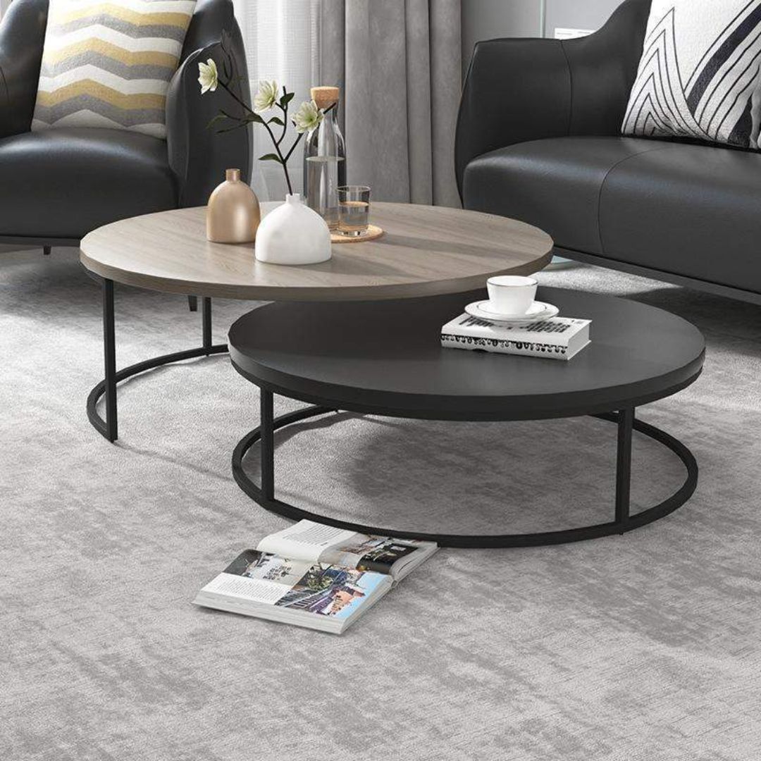 Set of metal coffee tables with wooden top – elegant modern design (2 pieces)