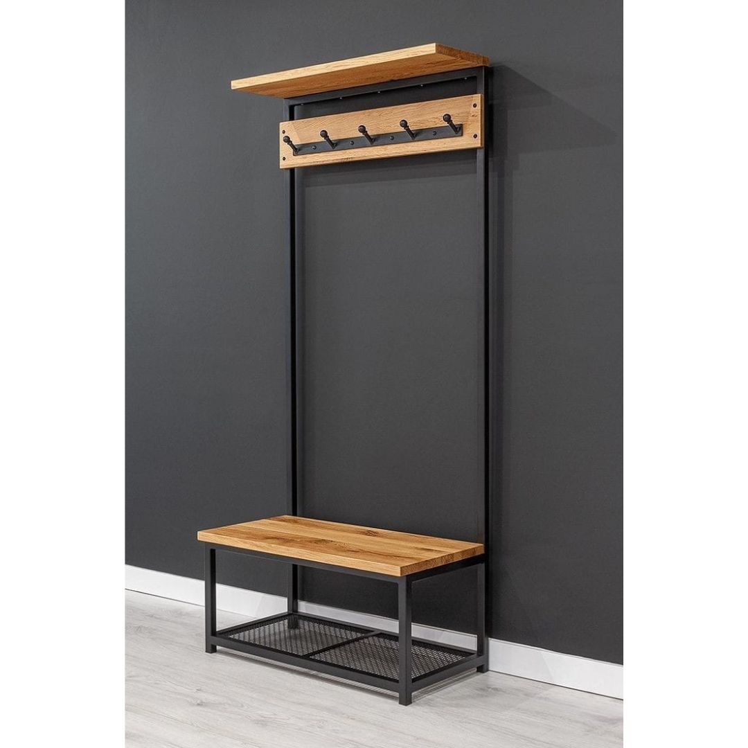 Metal shoe rack with wooden surface – practical modern design