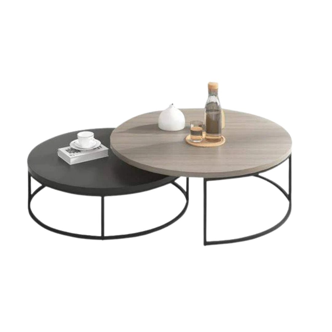Set of metal coffee tables with wooden top – elegant modern design (2 pieces)