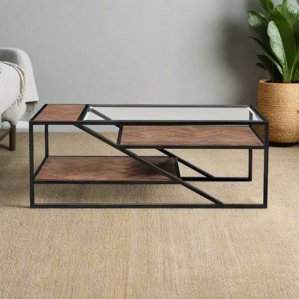 طقم ترابيزات قهوة معدنية بسطح خشبي – تصميم مودرن أنيق (عدد 2)