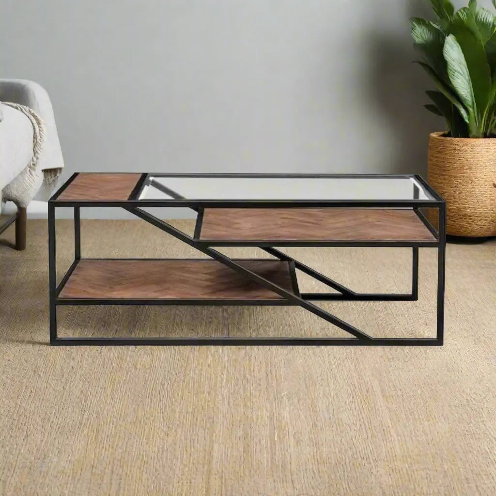 Set of metal coffee tables with wooden top – elegant modern design (2 pieces)