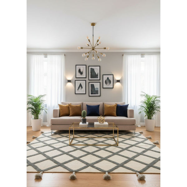 سجادة صوف طبيعي صناعة يدوية – لون أوف وايت ورمادي – موديل ROF-011