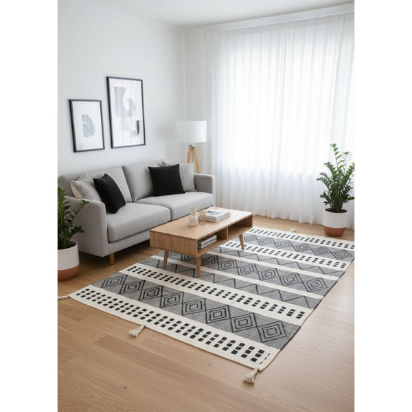 سجادة صوف طبيعي صناعة يدوية – لون أوف وايت ورصاصي غامق – موديل ROF-048