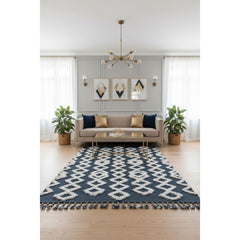 Natural Wool Handmade Rug – Off White and Navy Color – Model ROF-006