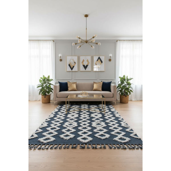 سجادة صوف طبيعي صناعة يدوية – لون أوف وايت وكحلي – موديل ROF-006