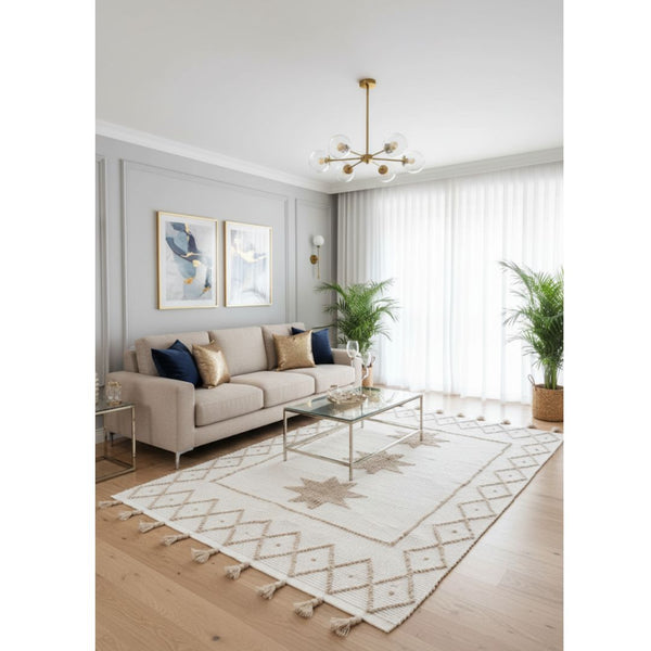 سجادة صوف طبيعي صناعة يدوية – لون أوف وايت وكافيه – موديل ROF-021