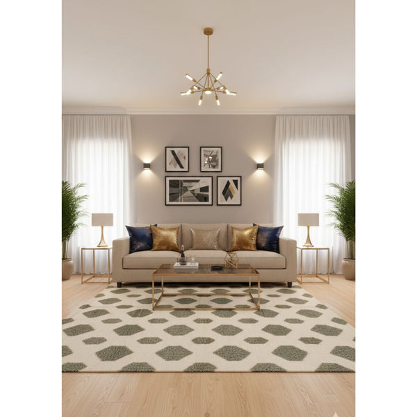 سجادة صوف طبيعي صناعة يدوية – لون أوف وايت ومنت جرين – موديل ROF-010