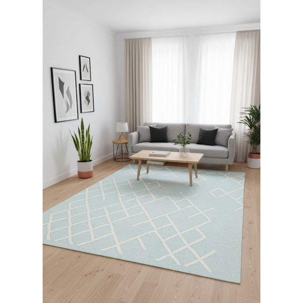 سجادة صوف طبيعي صناعة يدوية – لون أوف وايت وسماوي – موديل ROF-028