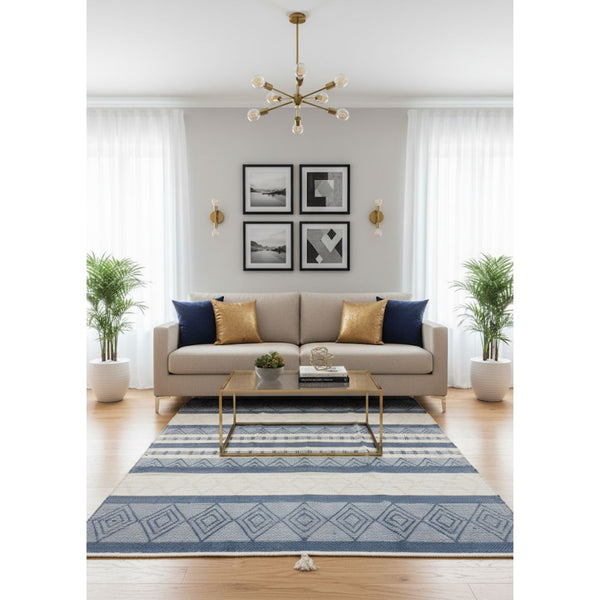 سجادة صوف طبيعي صناعة يدوية – لون أوف وايت وكحلي – موديل ROF-017