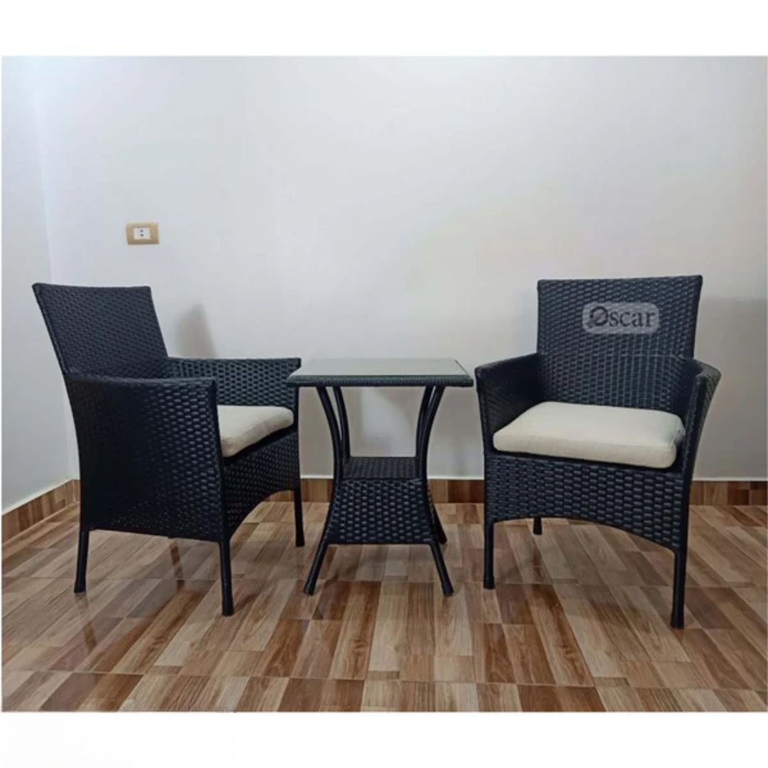 Rattan studio set, 2 chairs and a table, black