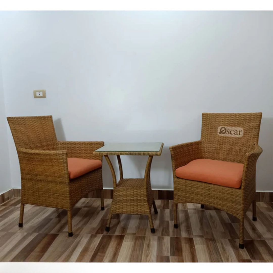 Rattan studio set, 2 chairs and a wooden table