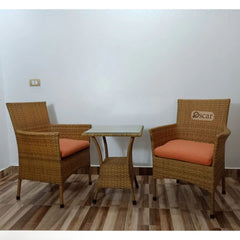 Rattan studio set, 2 chairs and a wooden table