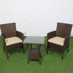 Rattan studio set, 2 chairs and a table, brown
