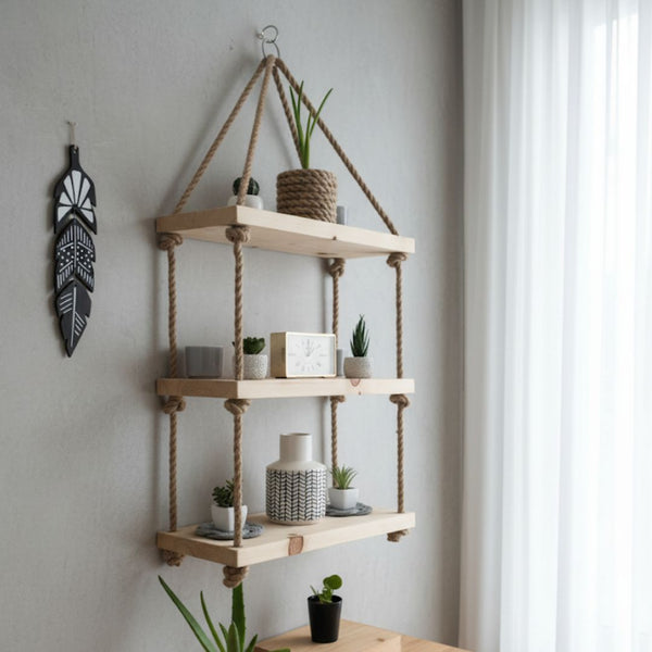 Wall shelf with ropes made of natural musky wood – Model CHW-141 from Oscar Furniture