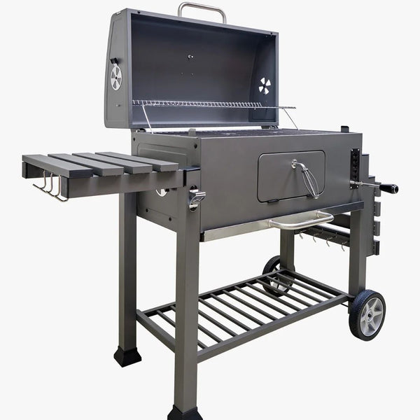 Jumbo charcoal grill with side shelves - perfect for outdoor family gatherings