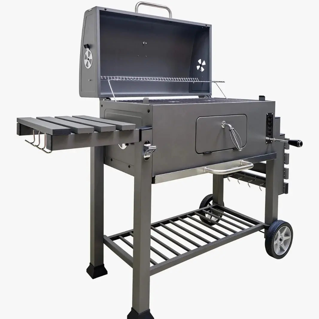 Jumbo charcoal grill with side shelves - perfect for outdoor family gatherings