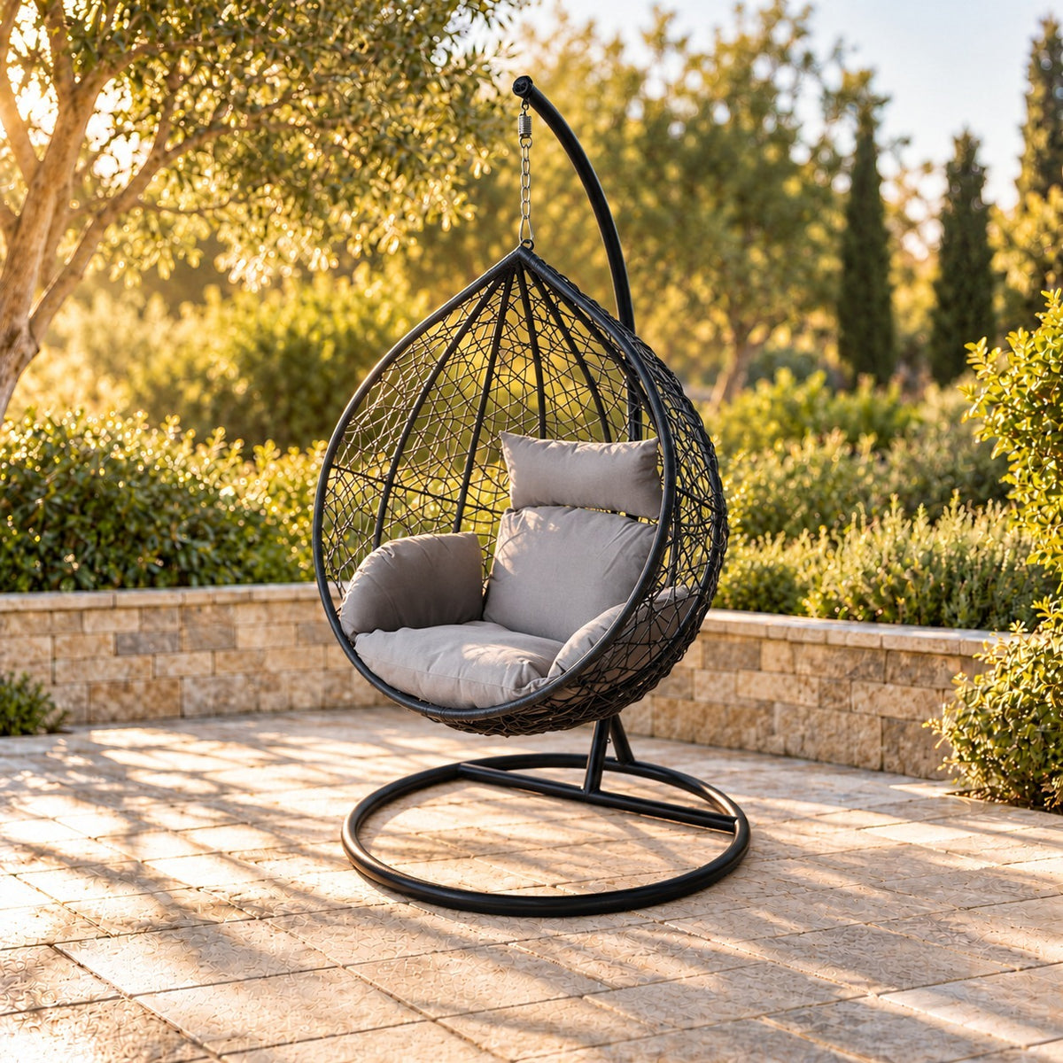 Outdoor and Indoor Single Swing Bortan Pure with Sturdy Iron Frame – Black Amoyl with Dark Gray Fabric