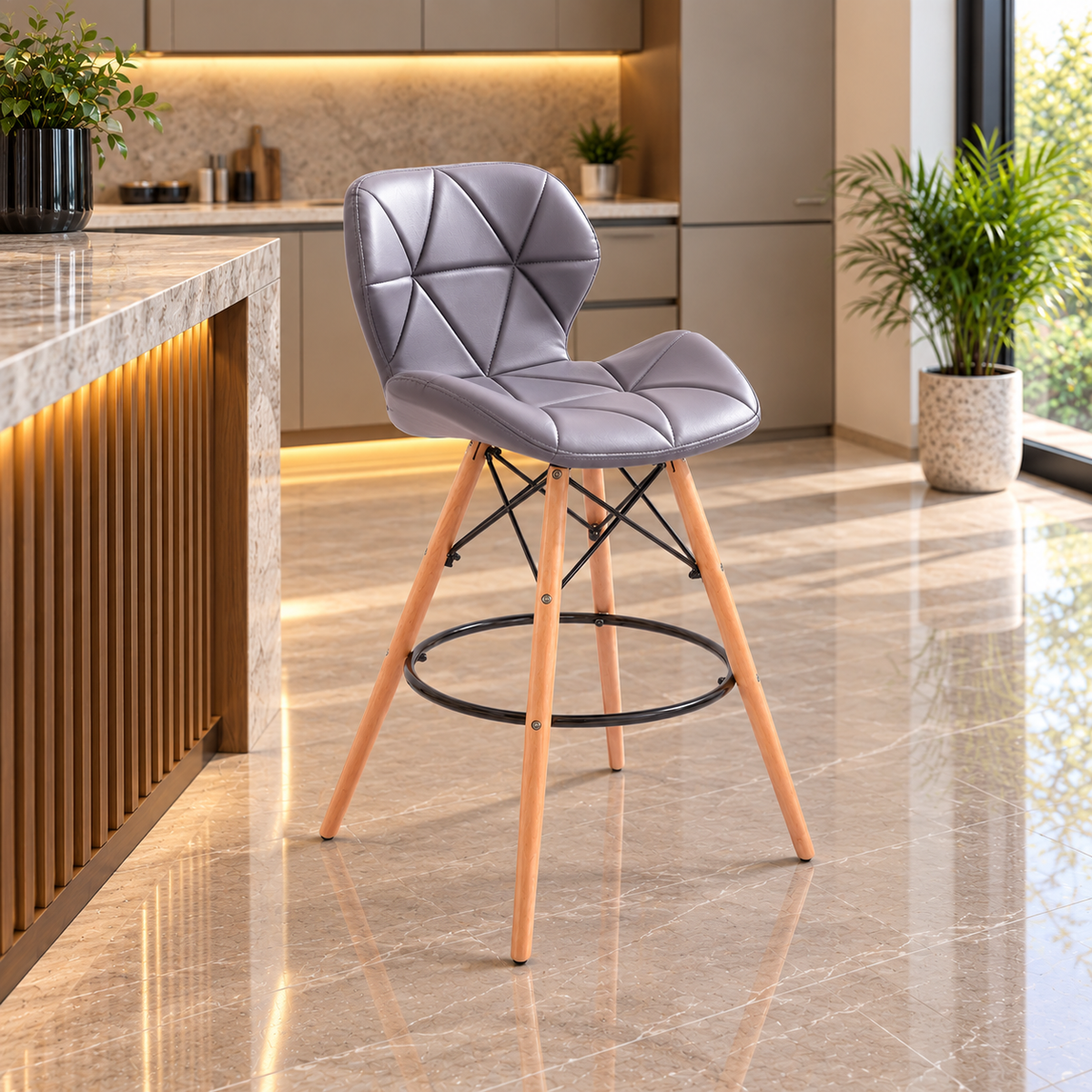 Modern upholstered leather bar chair with beech wood legs - RYL-035