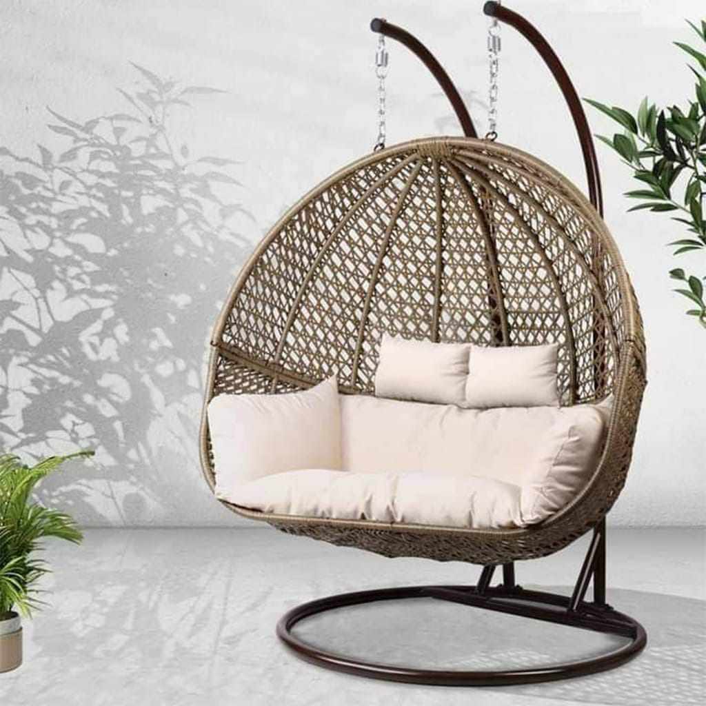 Two-person rattan swing pure with durable material and strong iron frame – old copper rattan color with beige cushion