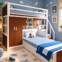 سرير أطفال دورين خشب زان مع دولاب ومكتبة موديل KCT-006 تشطيب فاخر وتصميم ذكي لغرفة الأطفال