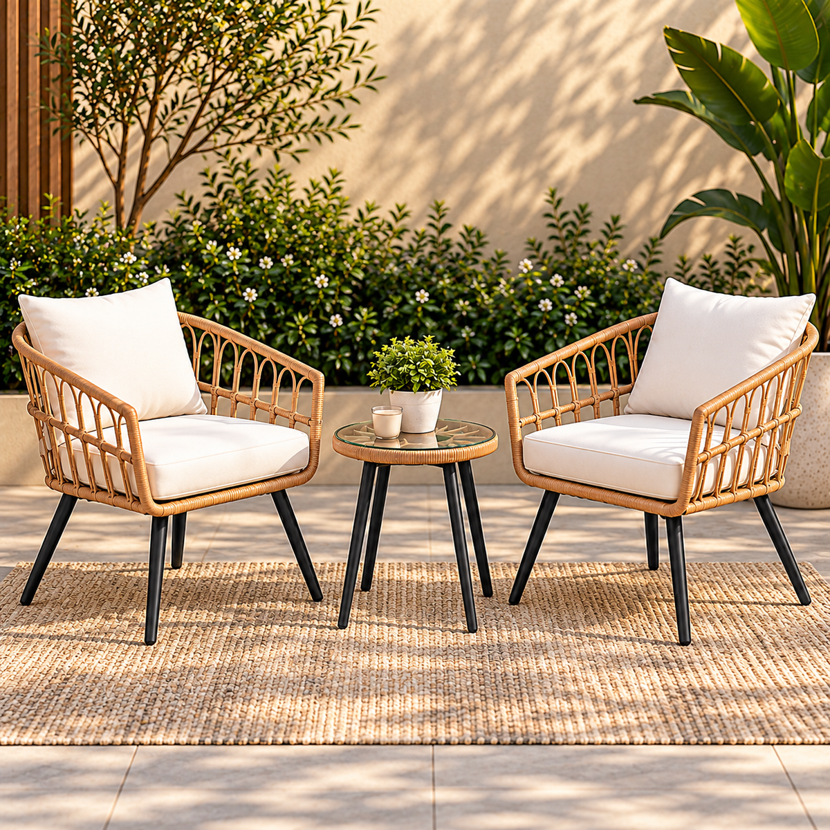 Sydney Balcony Set Small Modern Wicker for Narrow Spaces with Elegant Table