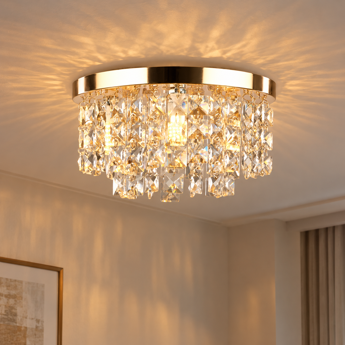 Small crystal and steel chandelier with a luxurious design