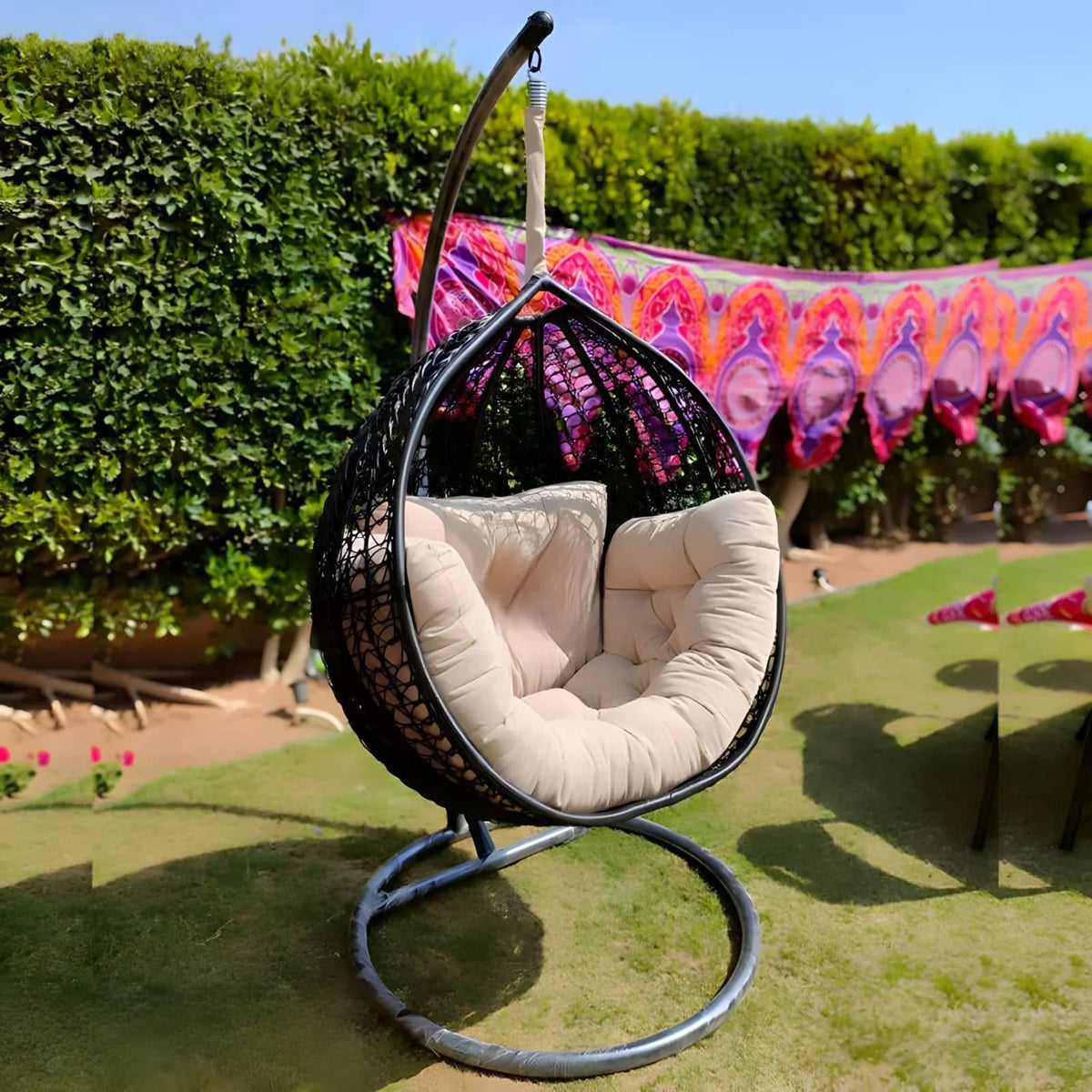 Single outdoor and indoor swing Bortan Pure with sturdy iron frame – black color with beige fabric