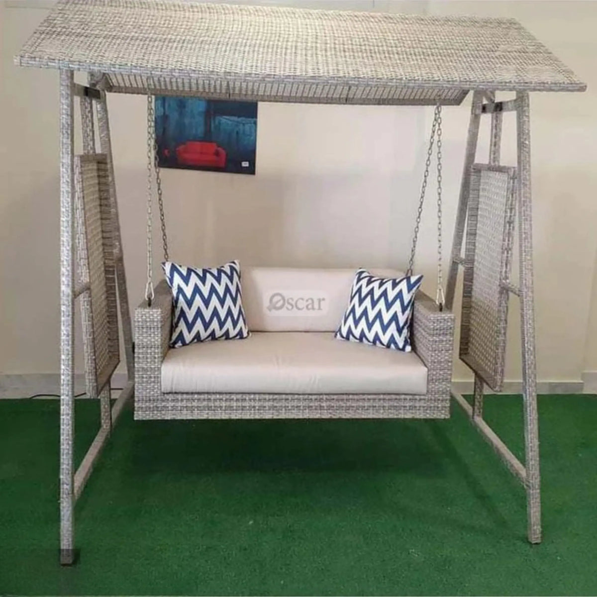 Outdoor Pure Rattan Sofa Swing with Durable Iron Frame – Cream Rattan with Beige Fabric