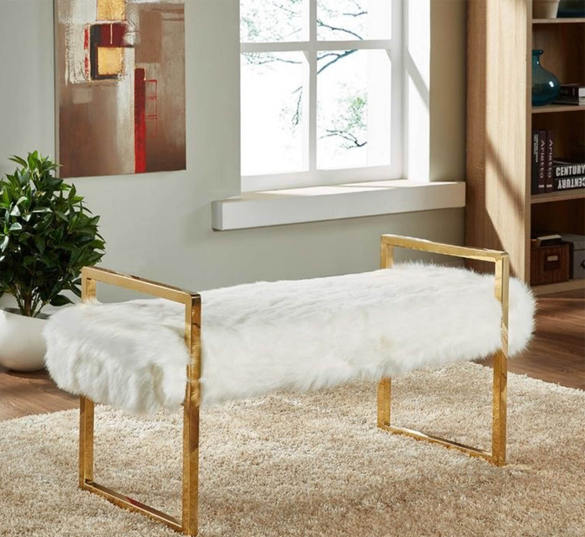 Modern elegant bench with external fur and metal frame